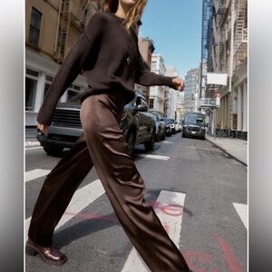 Zara Chocolate Brown Satin Wide-Leg Pants